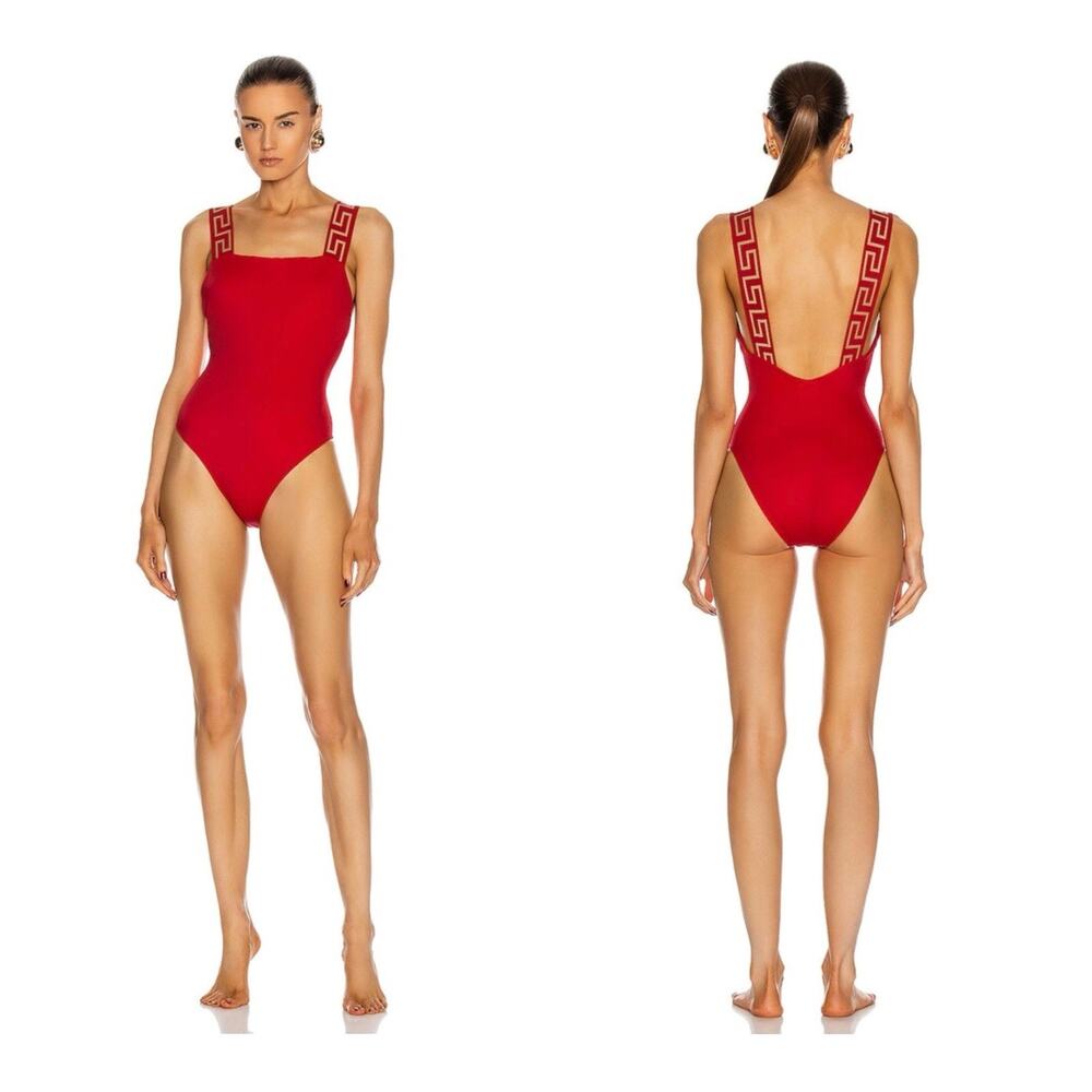 NWT Versace Greca Strap One Piece Swimsuit Size 1 / XS Red Gold $425